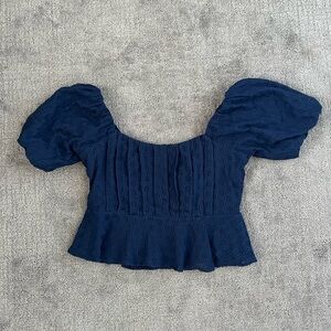 Express Puff Sleeve Blue Square Neck Peplum Top